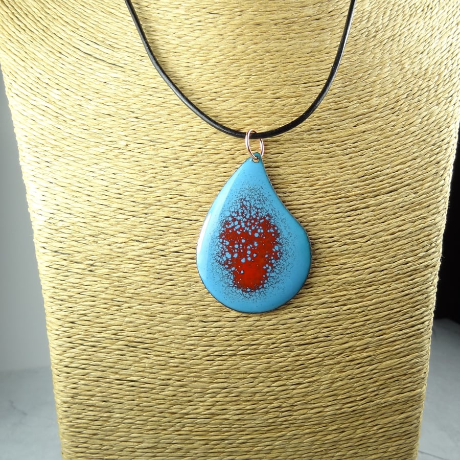 Blue and red glass enamelled copper pendant on a cord, teardrop, 51x36mm (0077)