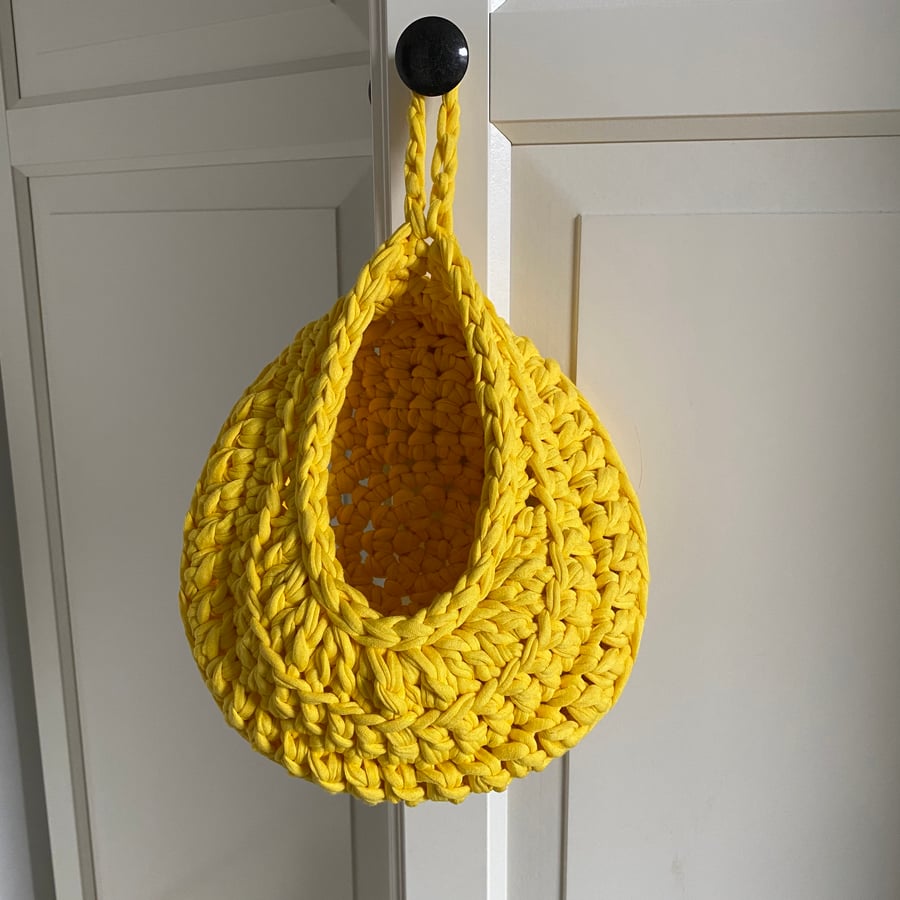 Crochet hanging basket made with upcycled tshirt yarn - yellow