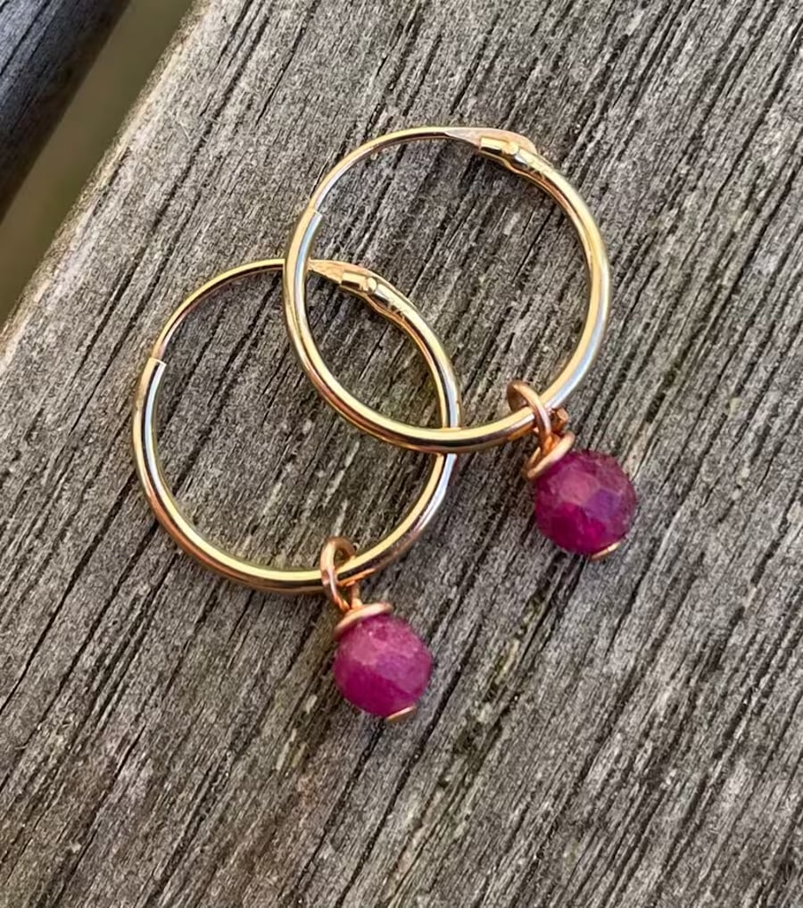 9ct Gold Hoop Earrings with Ruby Gemstones