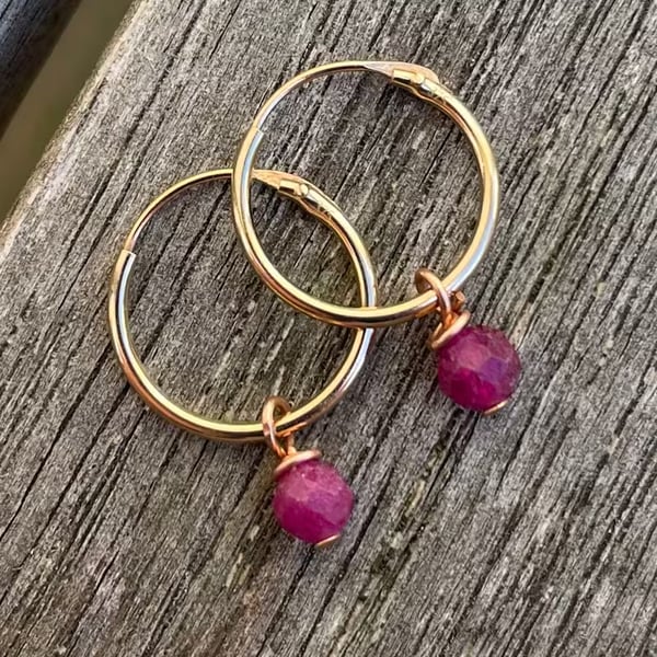 9ct Gold Hoop Earrings with Ruby Gemstones