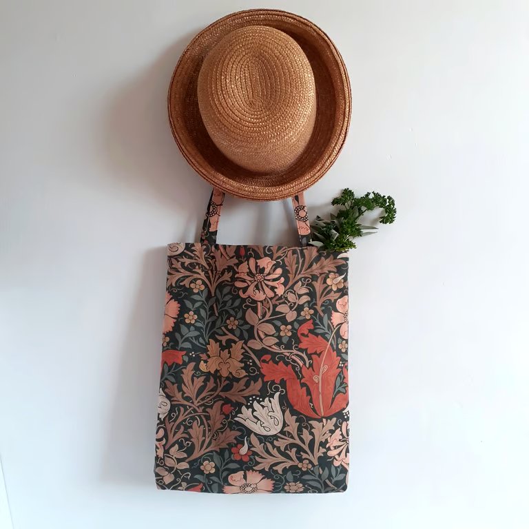 Fold up tote bag book bag and pocket in vintage print Compton by William Morris 