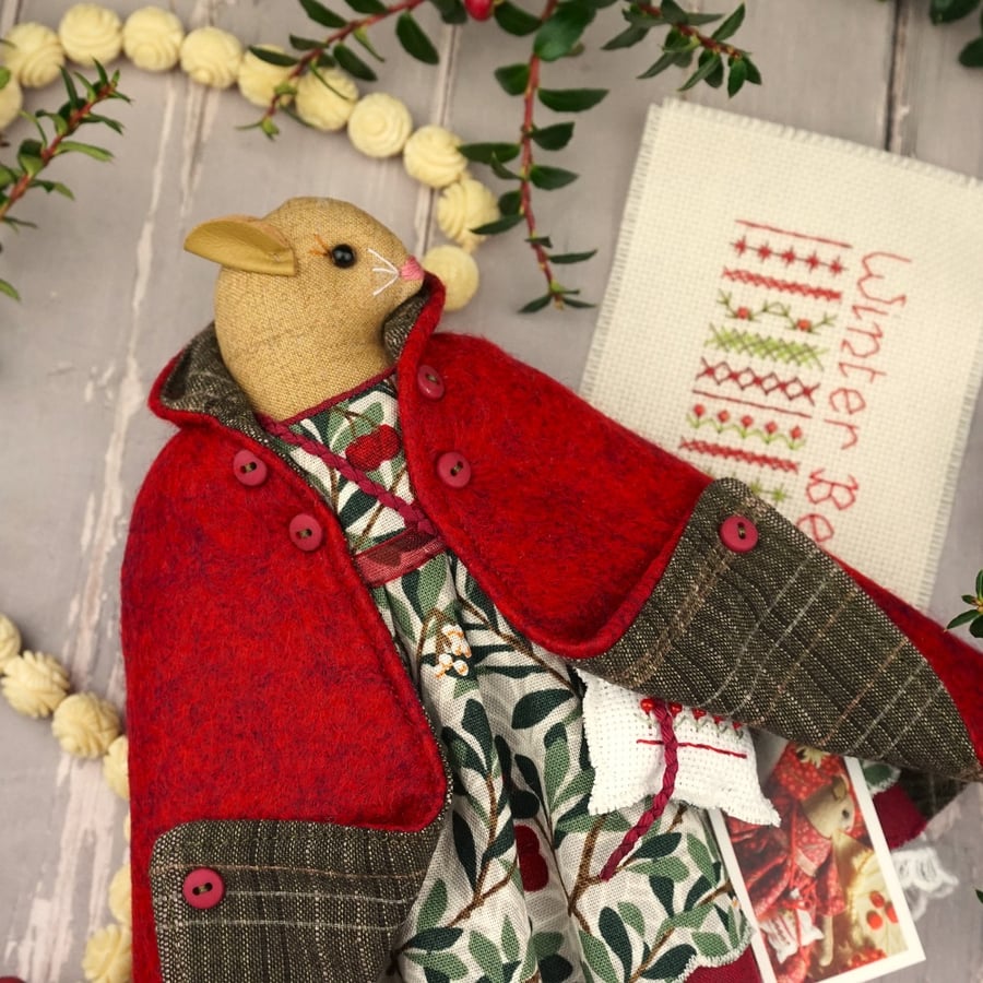 Greta, A Winter Berry Mouse in a Wool Cape