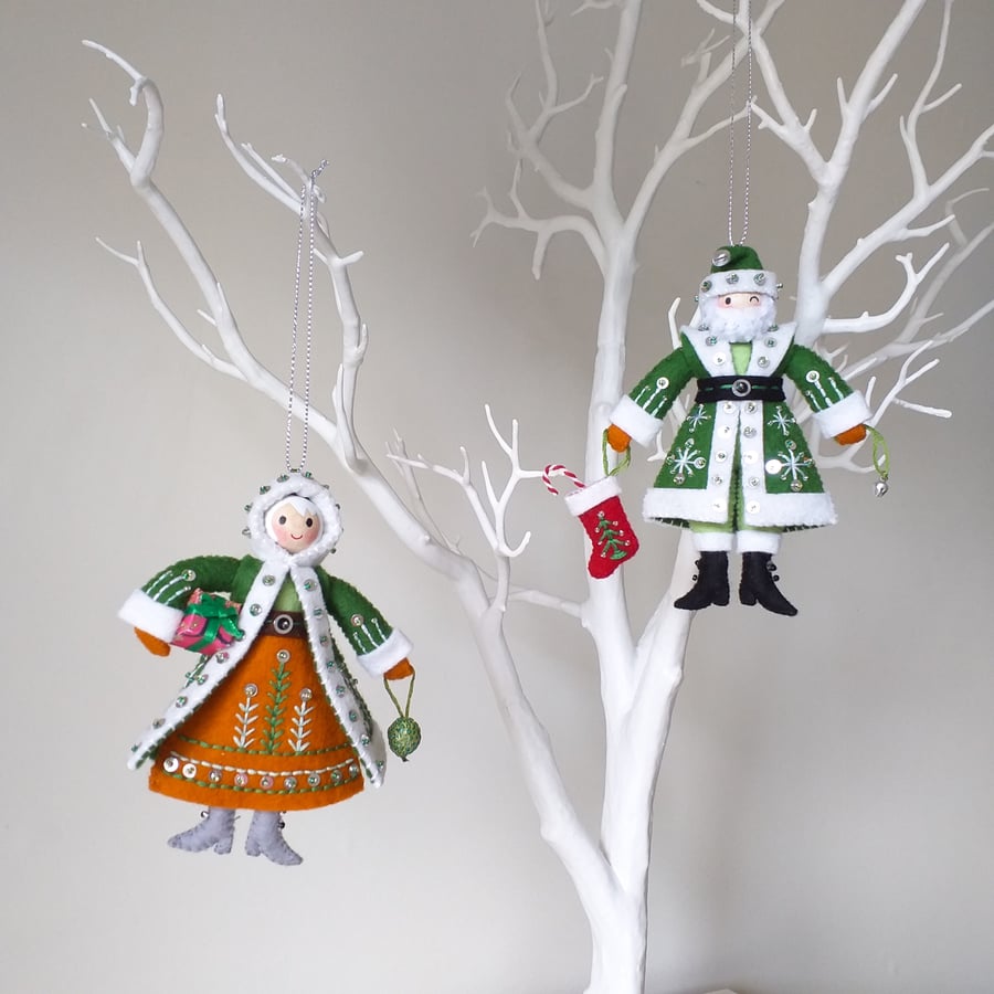 mmmcrafts Green Santa Claus, Mrs Claus Ornament, Woodland Christmas Decoration