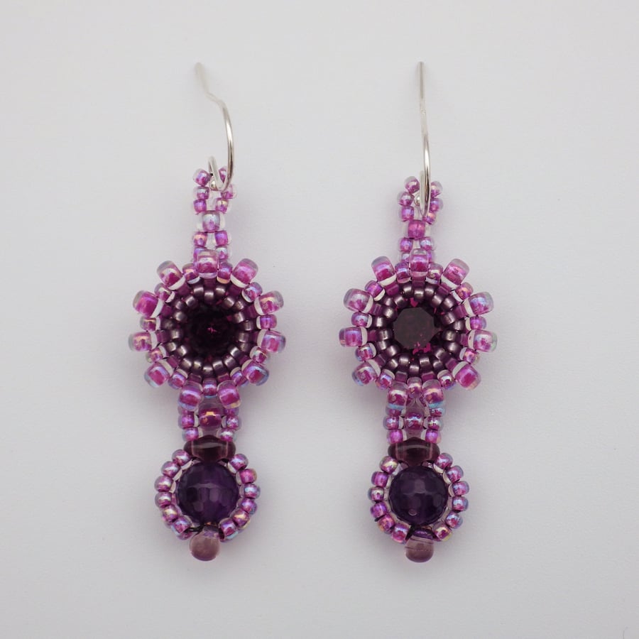 Beadwoven purple Swarovski chaton earrings with amethyst drops