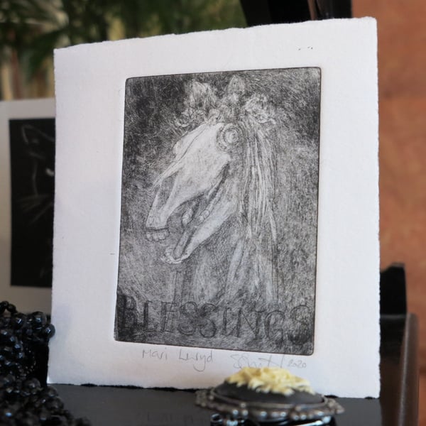 Moody Mari Lwyd original drypoint etching 