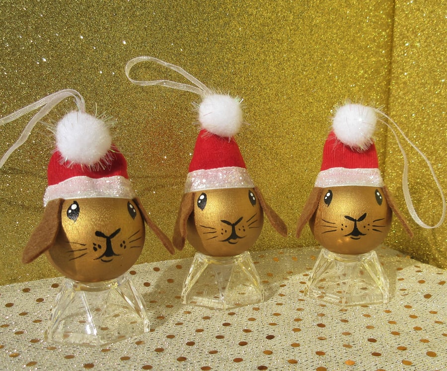 Bunny Rabbit Christmas Tree Baubles Hanging Decoration in Gold Set of 3