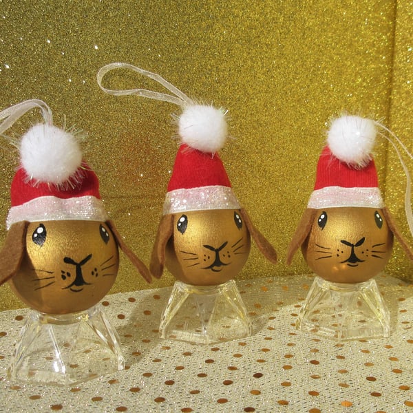 Bunny Rabbit Christmas Tree Baubles Hanging Decoration in Gold Set of 3