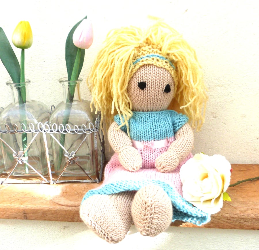 Doll. Hand Knitted Doll 12" Wool Doll with Blonde Hair & Removable Dress