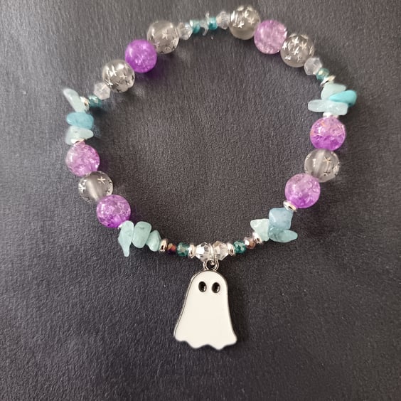 Elasticated pastel beaded ghost charm bracelet
