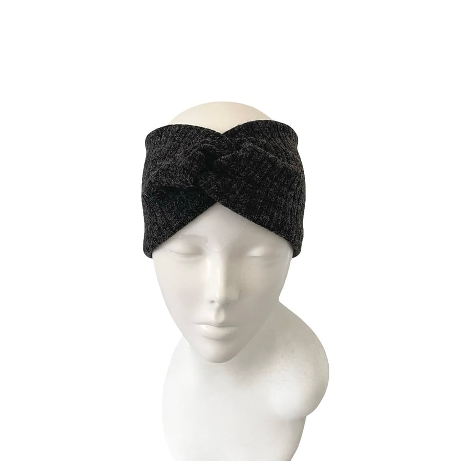 Satin lined ear warmer headband Charcoal knit jersey turban headwrap women