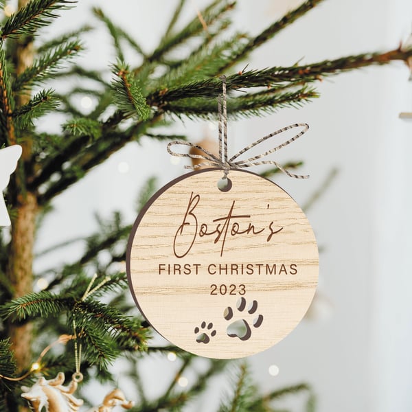 Personalised Pet First Christmas Ornament - Custom Pet Name, Rustic Dog or Cats 