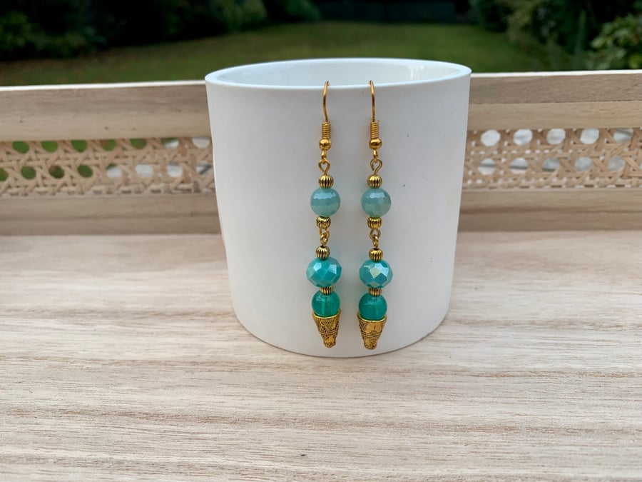 Art Deco Style Gold Plated Turquoise Drop & Dangle Crystal Bead Earrings