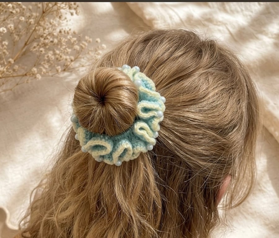 Handmade Mint and Lemon Crochet Scrunchie with Pearls Yellow Hair Tie