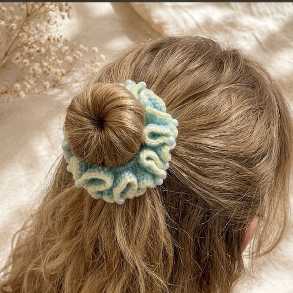 Handmade Mint and Lemon Crochet Scrunchie with Pearls Yellow Hair Tie