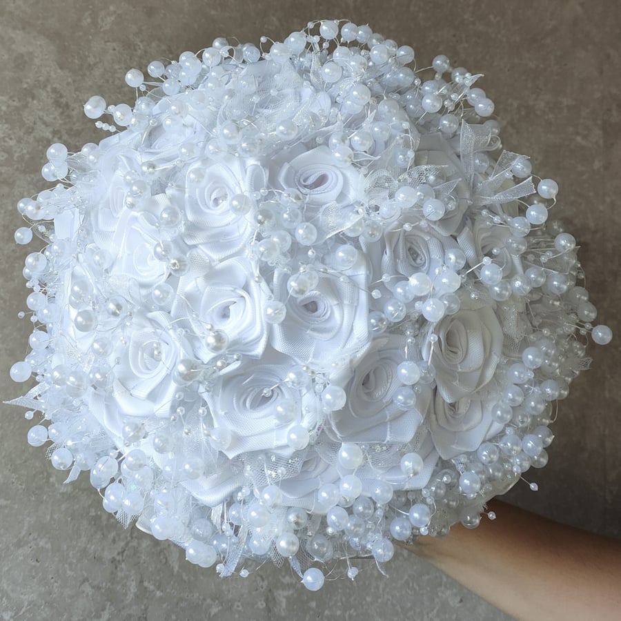 Unique White Satin Roses & Pearl Bridal Large Wedding Bouquet
