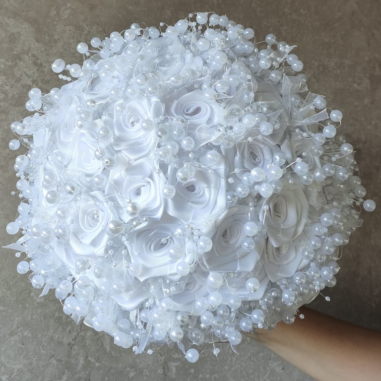 Unique White Satin Roses & Pearl Bridal Large Wedding Bouquet