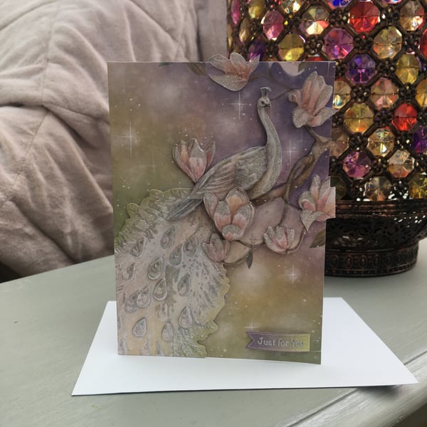 Ethereal white peacock birthday card.