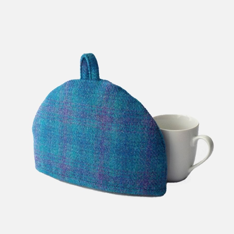 Harris Tweed small tea cosy, bright blue check 2 cup fabric teapot cover