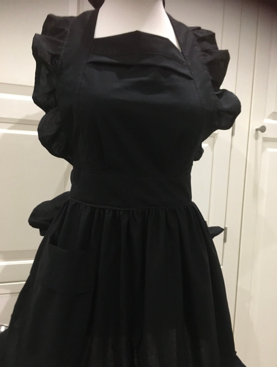 Handmade, Victorian style, retro black cotton full apron 