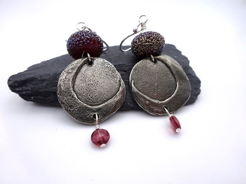 red lampwork glass pewter moon earrings, sterling silver garnet jewellery