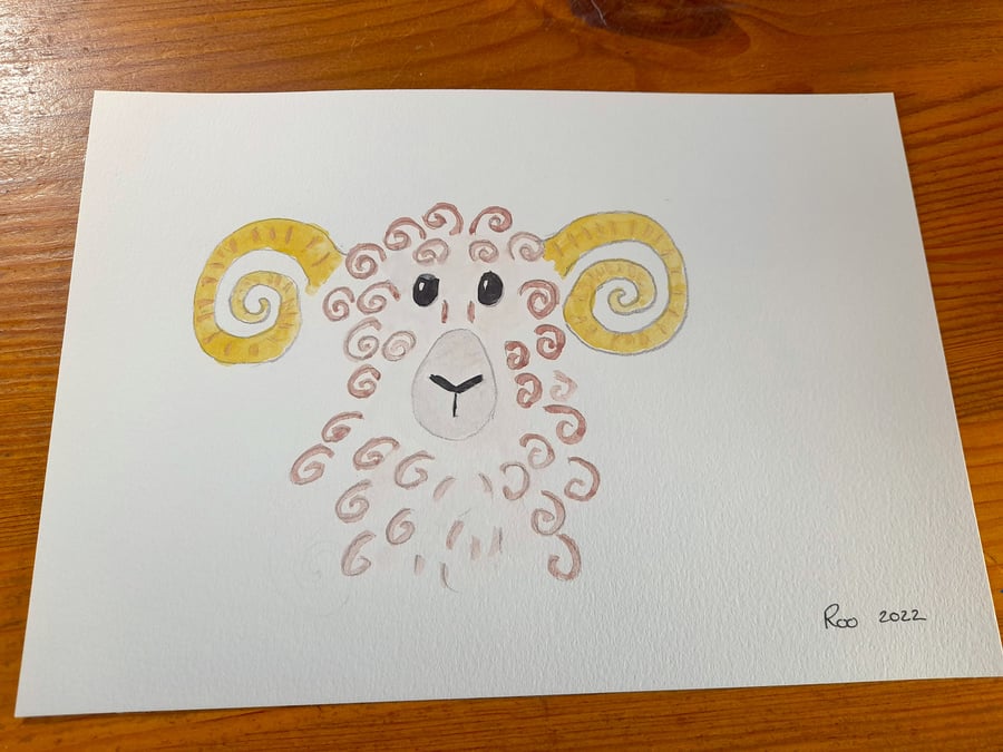 Curly sheep.  A5 watercolour