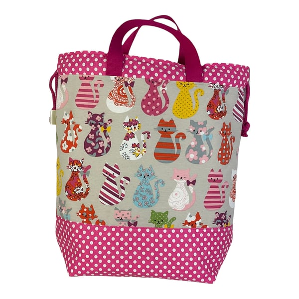 Extra Large canvas drawstring knitting bag with cats print, multi pockets projec