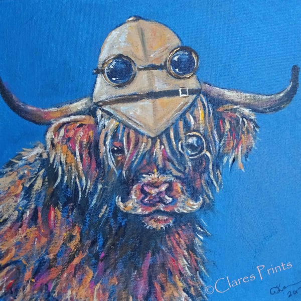 Steampunk Highland Cow Original Art Acrylic Painting on Canvas Retro 