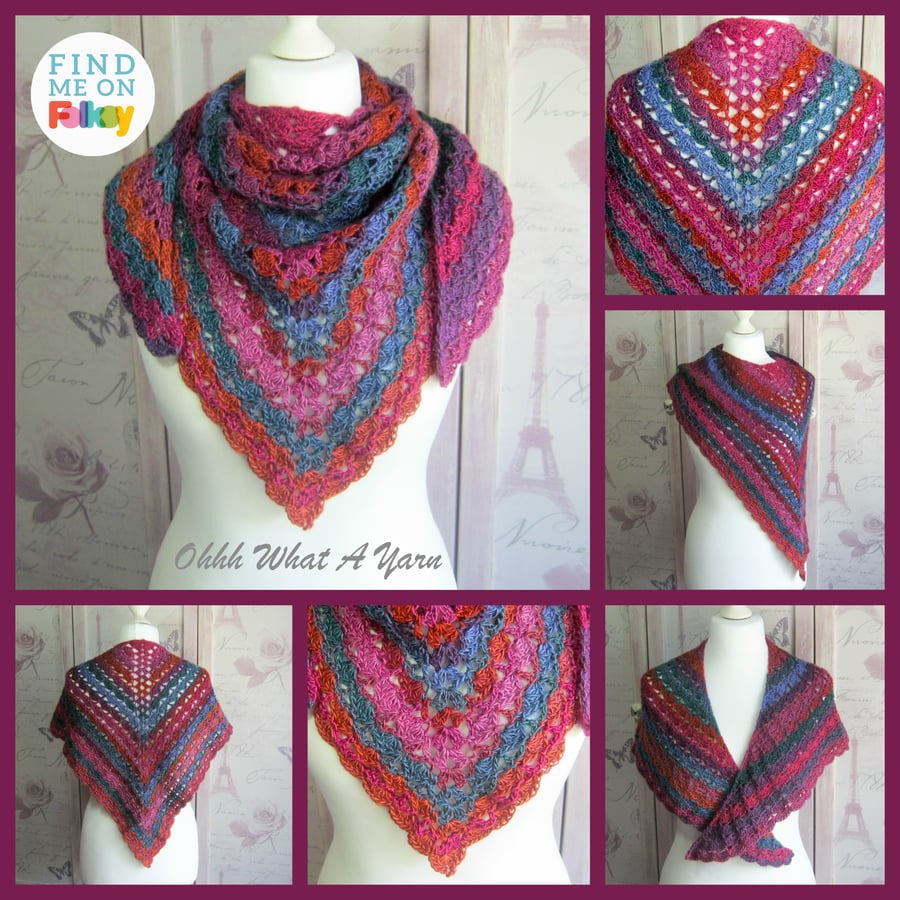 Crochet ladies multi coloured shawl, scarf, shawlette, wrap in jewel colours.