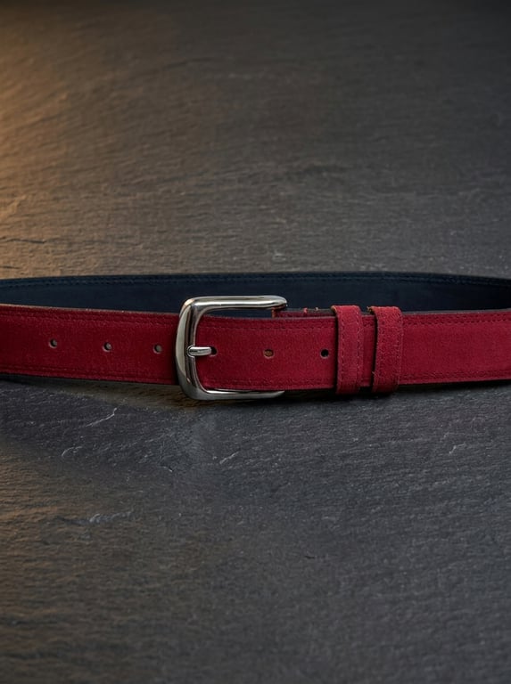 Crimson Red Full Grain Suede Belt Silver Buckle Men's Belt 35mm 1.4 Inch