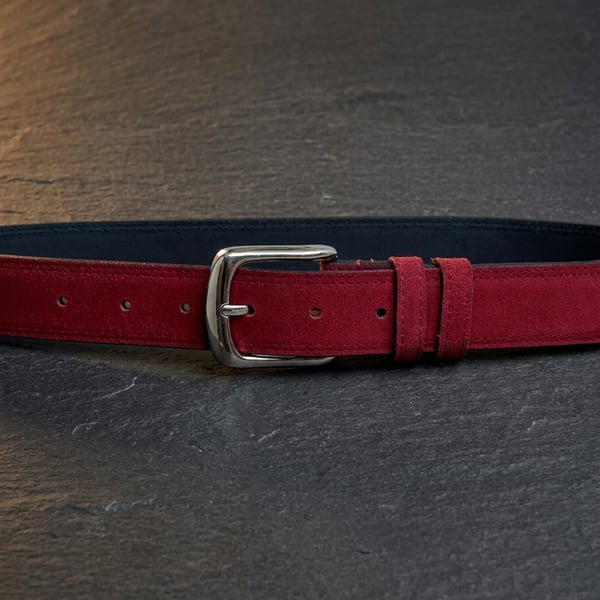 Crimson Red Full Grain Suede Belt Silver Buckle Men's Belt 35mm 1.4 Inch