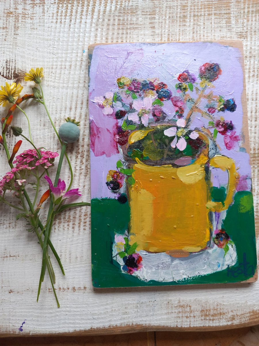 'August blackberrys' small painting on reclaimed wood