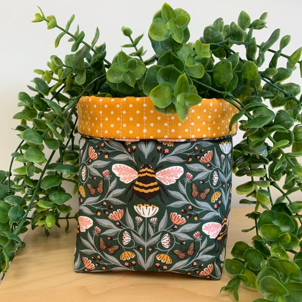 Bee Print Quilted Fabric Reversible Storage Box