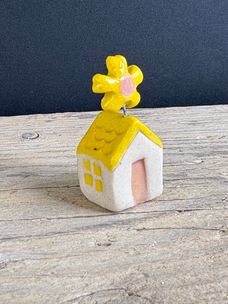 Teeny Ceramic Yellow Flower House with Yellow Roof