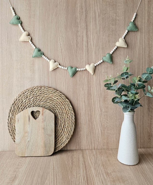 Cream and Sage Felt Heart Garland