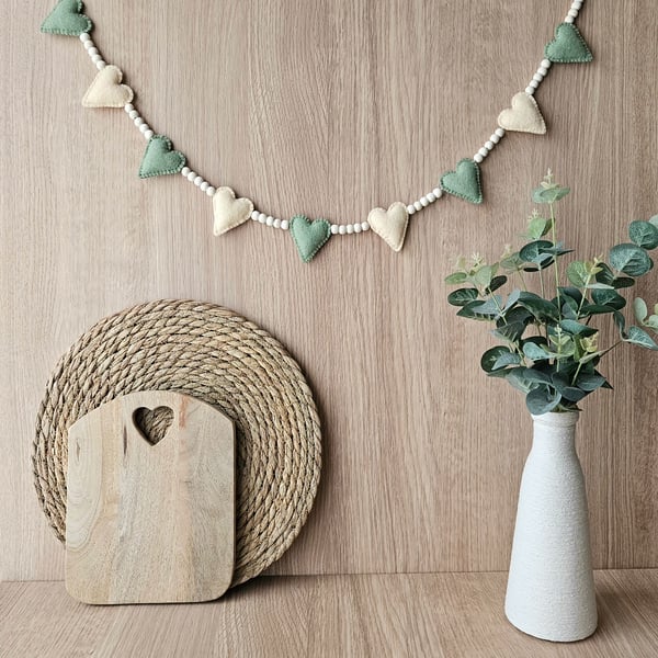 Cream and Sage Felt Heart Garland