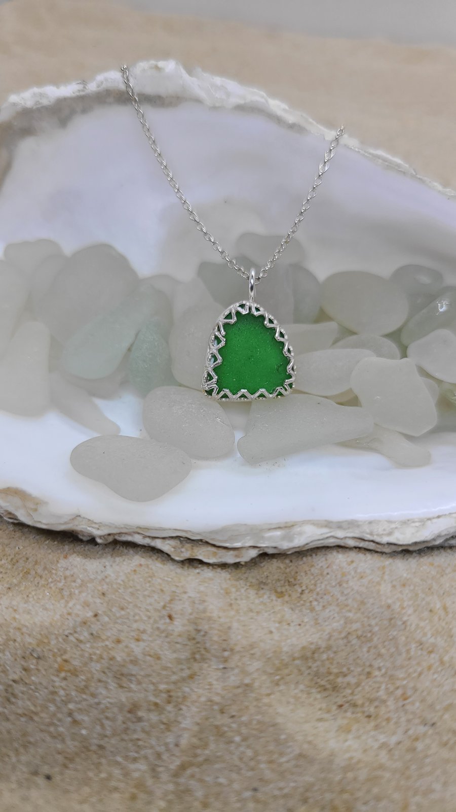 Kelly green sea glass and silver pendant gift for her P39