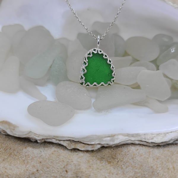 Kelly green sea glass and silver pendant gift for her P39