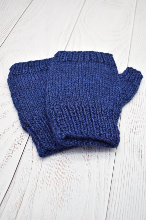 Hand Knitted Fingerless mittens - Navy - Small