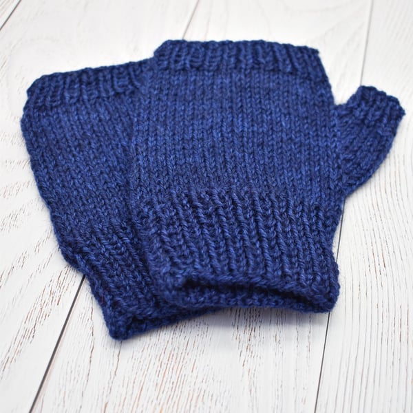 Hand Knitted Fingerless mittens - Navy - Small