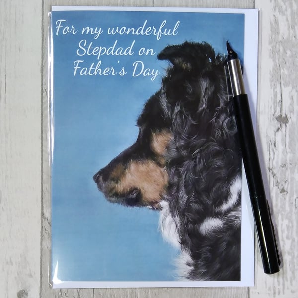 Father's Day card. Border Collie. Stepdad card. Greetings card. Printed card.