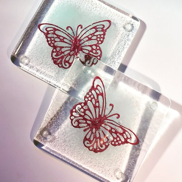 Pair of Fused Glass Butterfly Coasters 