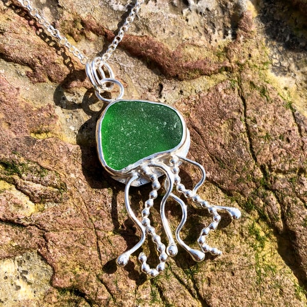 Jellybean Green Sea Glass and Sterling Silver Jelly Fish Pendant - 1073