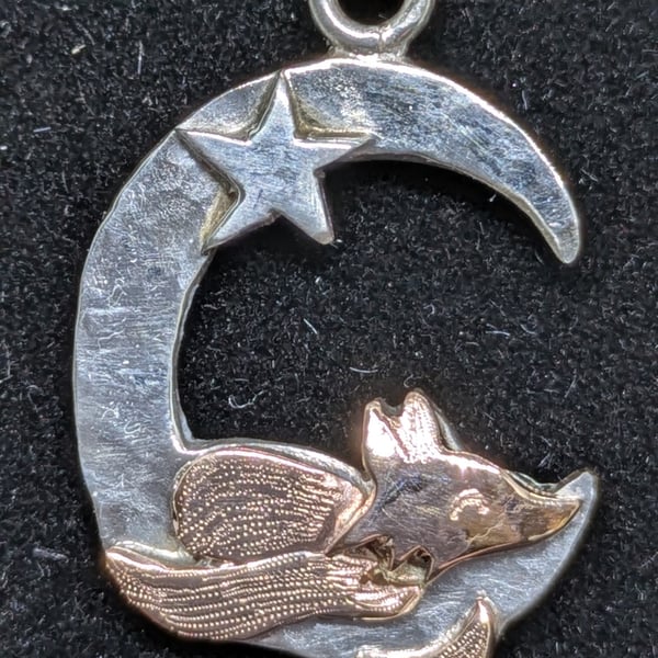 Gold fox pendant, Fox and moon necklace,, Fox with moon and star  
