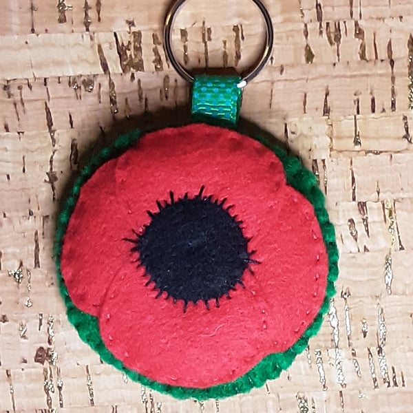 Remembrance Day Poppy Red Felt Keyring, Small