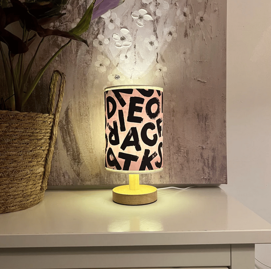 Pink Typography Table Lamp with Wooden Base