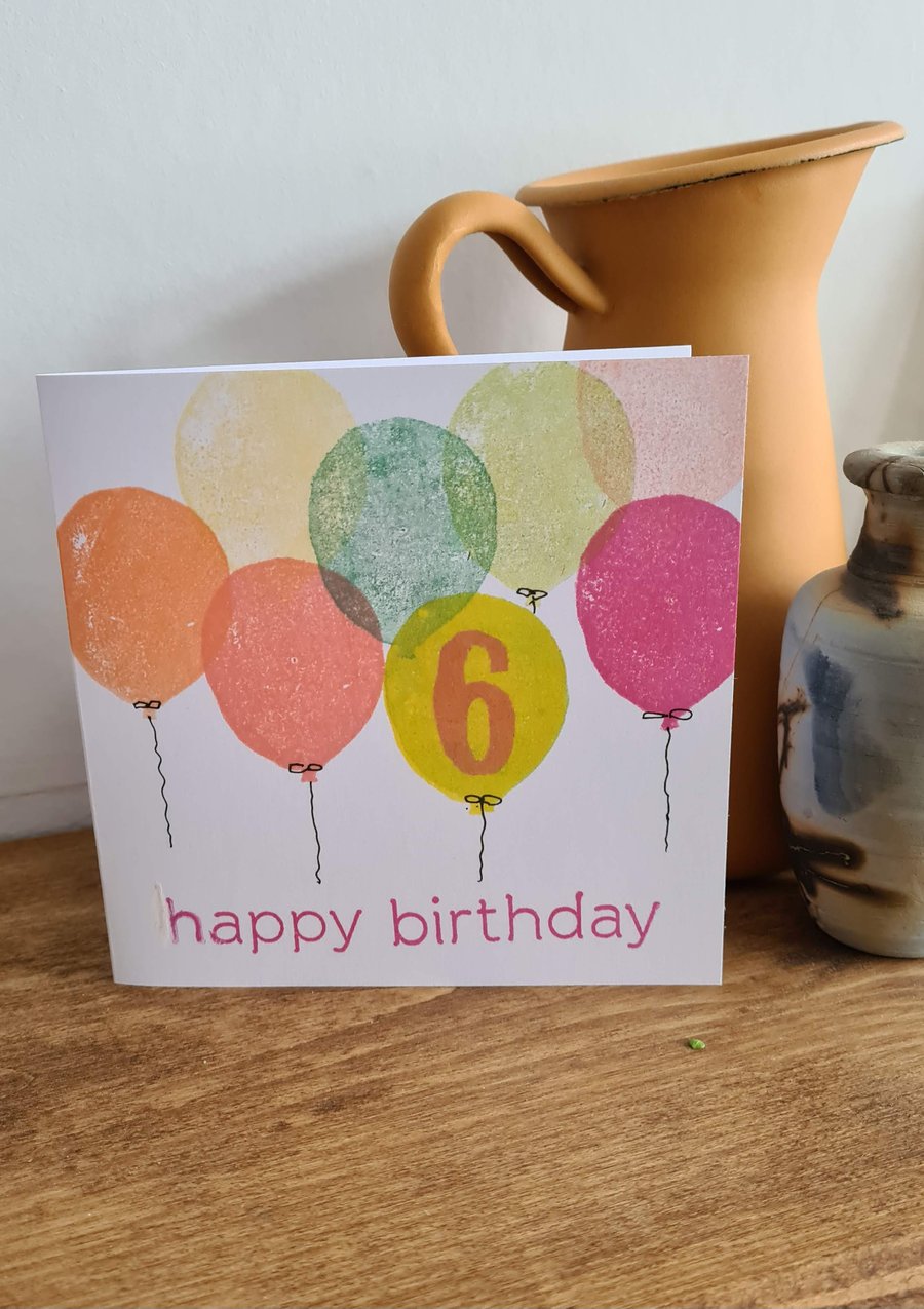 Numbered balloon birthday card handprinted