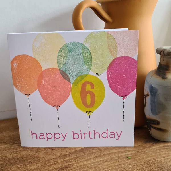 Numbered balloon birthday card handprinted
