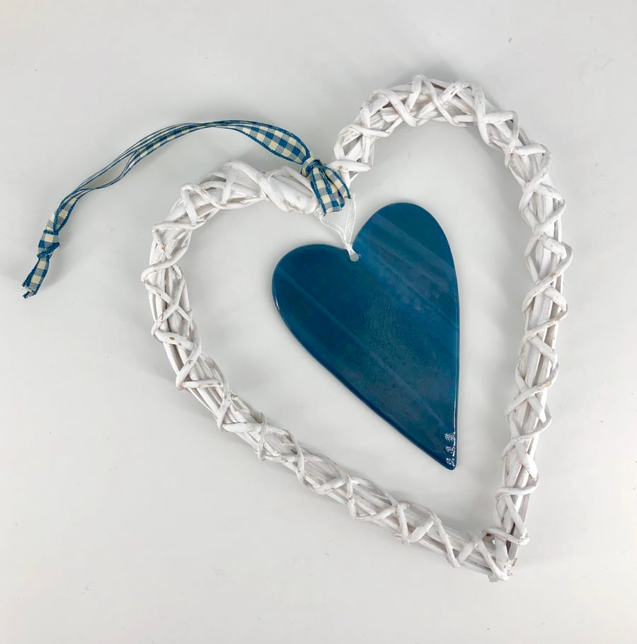 Steel Blue Glass & White Wicker Hanging Heart on Gingham Ribbon
