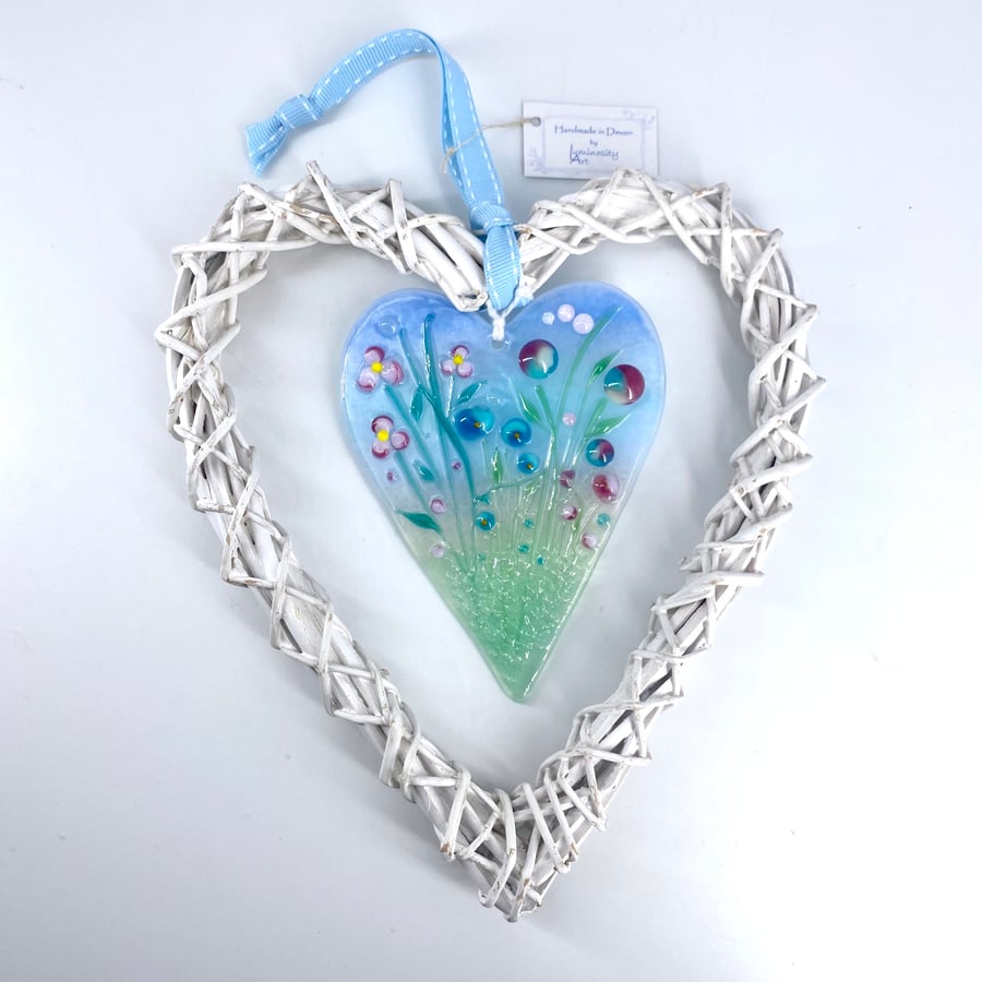 Glass Heart with Delicate Pink & Turquoise Flowers in Wicker Heart on Ribbon