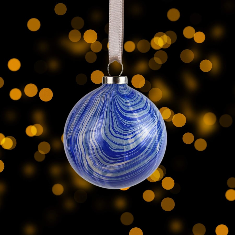Blue and silver striped marbled 5cm round ceramic Christmas bauble 